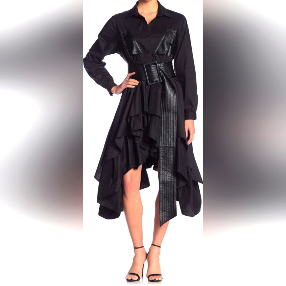 Terramina Black Luxurious Ruffle Hem Leather Belt High Low Shirtdress 10